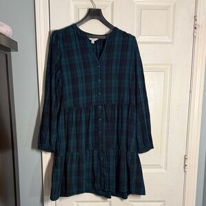 Time and Tru Teal and Black Plaid Tiered Button-Front Dress